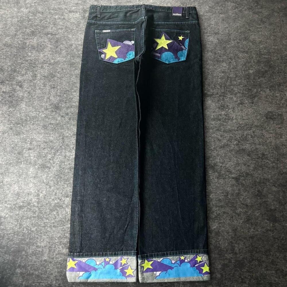 Vintage Scifen Mens 38 Selvedge Baggy Jeans Star Cloud Embroidered Y2K Hip Hop